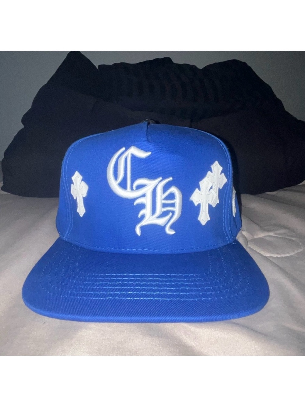 Blue Chrome Hearts SnapBack Hitch Hat White Gothic Crosses ALL OVER NWOT
